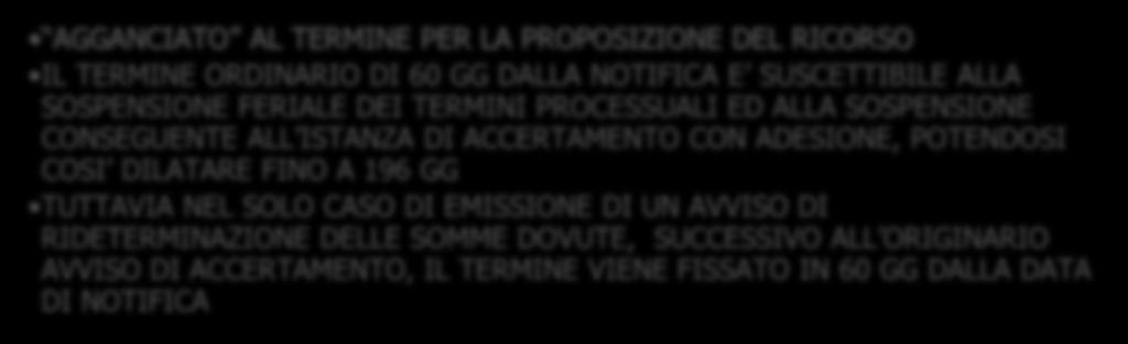 L AVVISO DI ACCERTAMENTO ESECUTIVO OBBLIGO DI VERSAMENTO DELLE SOMME INDICATE O DOVUTE A TITOLO PROVVISORIO AGGANCIATO AL TERMINE PER LA PROPOSIZIONE DEL RICORSO IL TERMINE ORDINARIO DI 60 GG DALLA