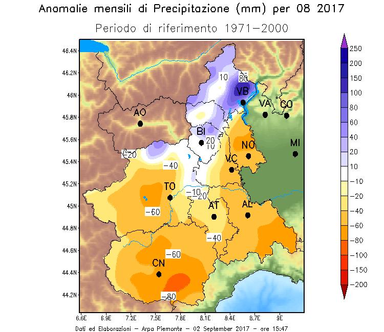 Precipitazioni In Piemonte il mese di agosto 2017 è risultato il 16 più carente di precipitazioni degli ultimi 60 anni, con una precipitazione media di circa 56.9 mm, inferiore di 26.