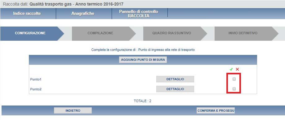 Selezionando il tasto DETTAGLIO, si potrà rientrare nella configurazione di quella AOP o punto di misura per effettuare eventuali modifiche; il campo Gascromatografo, però, dopo il salvataggio non