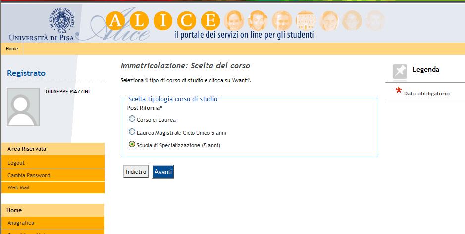 Cliccare quindi sulla scuola proposta alla quale si vuole immatricolarsi (accanto ad ogni scuola è indicato il Dipartimento dell Università di Pisa a cui essa