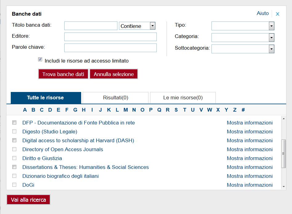 Ricerca di una Banca dati (per lettera) Seleziona una lettera Leggi le