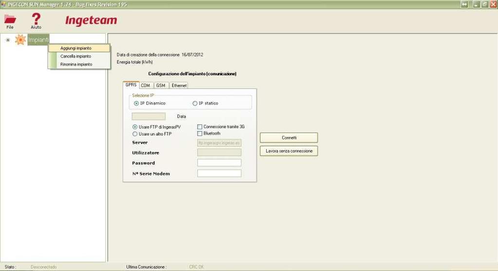 Creare un nuovo impianto Avviare il software Ingecon Sun Manager Posizionare il puntatore del mouse sulla scritta IMPIANTI, premere il tasto destro del mouse e selezionare dal menù a tendina la voce
