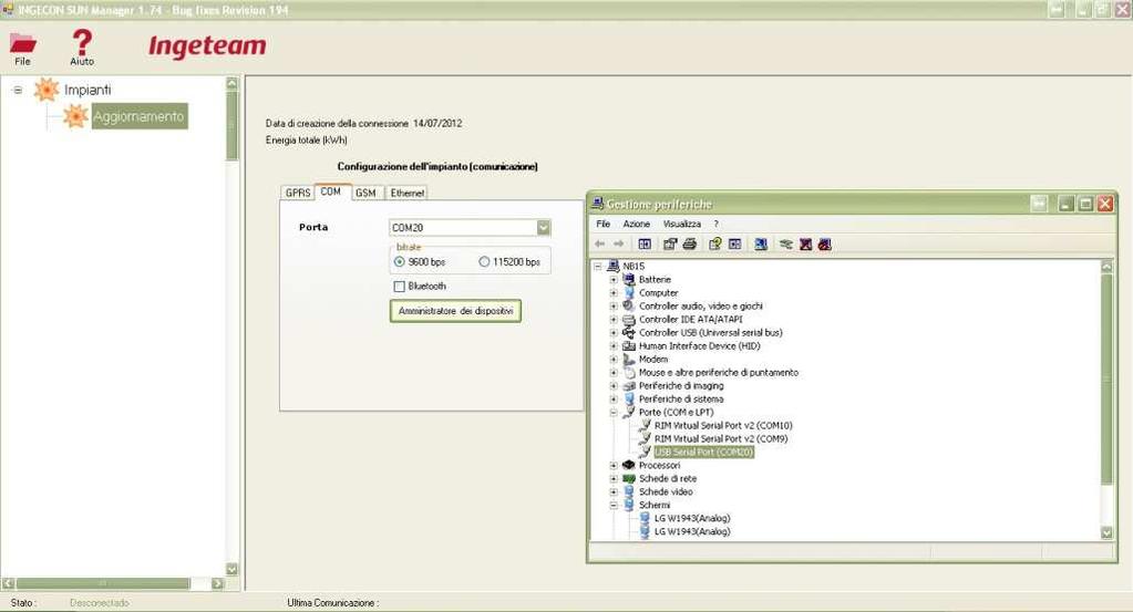 Figura 2 Selezione della comunicazione Spostarsi con il cursore nella parte destra dello schermo e selezionare, la modalità di connessione COM Selezionare la porta COM assegnata al convertitore