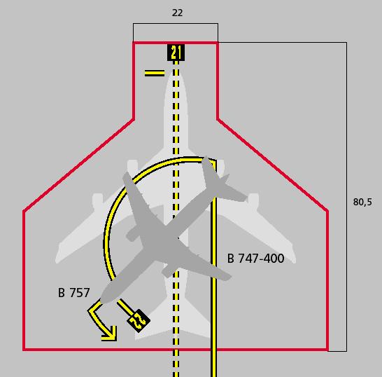 Figura 7.32 Esempio di markings di piazzola per più aeromobili 4.4.1.5 Le linee lead-in, lead-out e di virata sono di solito continue, con una larghezza non inferiore a 15 cm.