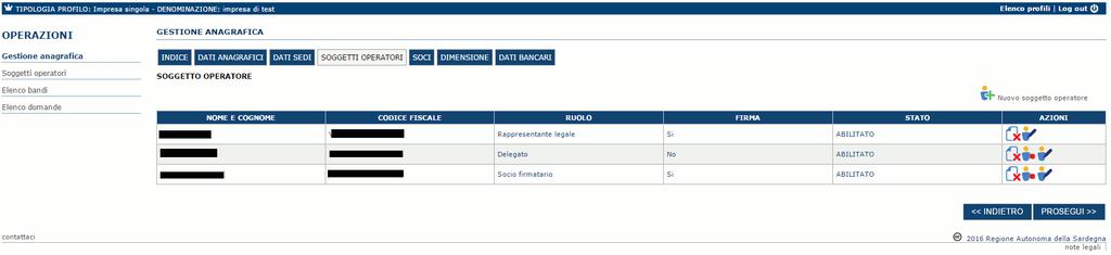 secondo il ruolo assegnato, per conto del profilo dell impresa creata. Premere <<INDIETRO per tornare alla scheda precedente. Premere PROSEGUI >> per passare alla scheda successiva.