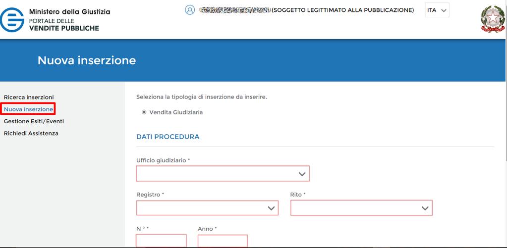 Cliccare su Nuova Inserzione Inserire i dati della procedura, valorizzando i campi obbligatori: