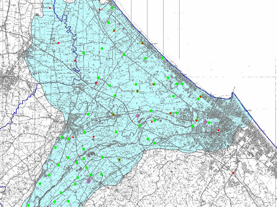 95 punti di monitoraggio delle falde 18 punti rossi (Regione ER - ARPA dal 1976) 71 punti verdi (Provincia