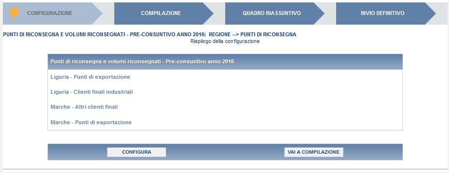 Una volta terminata l operazione di configurazione, il sistema conduce alla pagina di Riepilogo della configurazione (alla quale si accede anche attraverso l apposito bottone associato alle relative