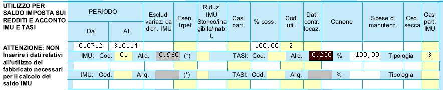 relative alla TASI: Aliquota (codice e %): l utente per attivare il calcolo dovrà selezionare l aliquota precedentemente caricata nel catasto; %: rappresenta la percentuale dell imposta a carico del