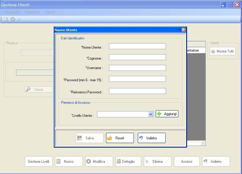 10.2 NUOVO UTENTE Permette di inserire un nuovo utente Cliccando su + AGGIUNGI in Permessi di Accesso si apre la