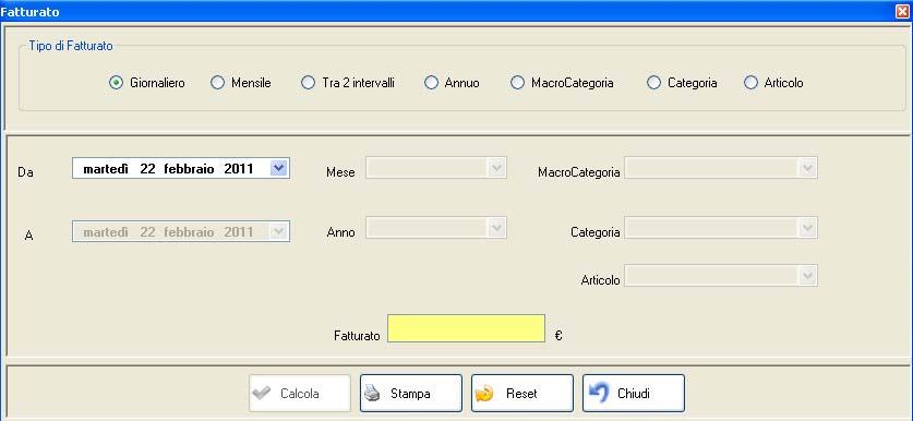 28. FATTURATO Permette di calcolare il fatturato rispetto alle fatture di vendita emesse per : un giorno, mensile, tra due intervalli temporali, annuo, per una macro categoria