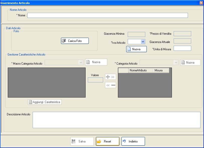 1.1.1 INSERIMENTO NUOVO ARTICOLO (Anagrafica) Questa schermato permette l inserimento anagrafico di un nuovo articolo in magazzino Inserire il Nome dell articolo quindi inserire Giacenza, Prezzo Di