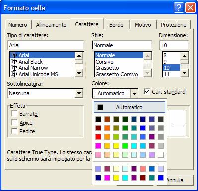 In essa è possibile scegliere il font, le dimensioni, lo stile, il colore e altre caratteristiche. Il formato scelto verrà applicato a tutte le celle della selezione su cui si sta operando.