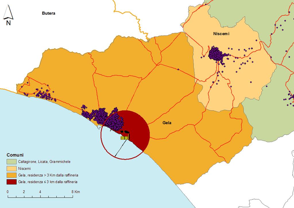 Aree di esposizione comune di Gela Rispetto alla distanza dalla Raffineria i dati sui valori di SO 2 e NO 2 suggeriscono l