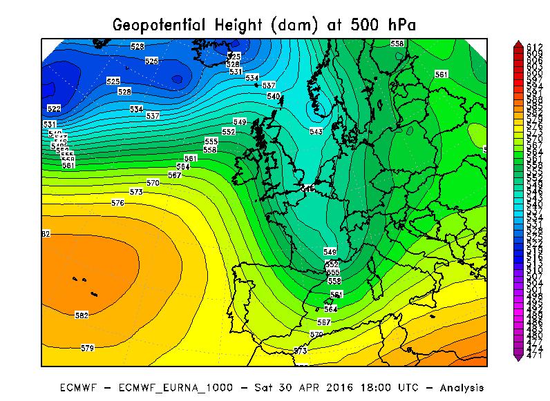 Figura 4 - Altezza di geopotenziale a 500 hpa alle ore 06 UTC del 30 aprile 2016.