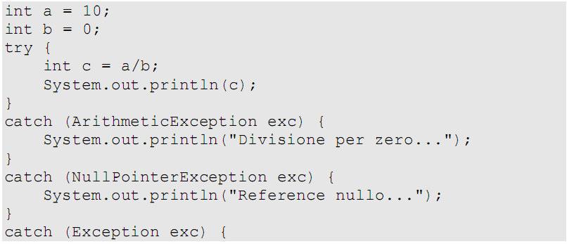 Gestire più eccezioni La prima che corrisponde viene eseguita