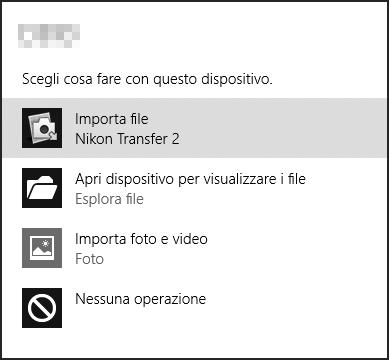 A Windows 7 Se viene visualizzata la seguente finestra di dialogo, selezionare Nikon Transfer 2 come descritto di seguito. 1 In Importa immagini e video fare clic su Cambia programma.