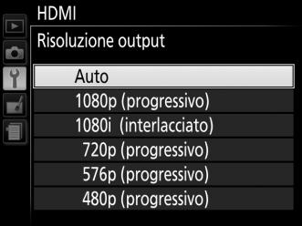 Scelta di una risoluzione output Per scegliere il formato di output delle immagini al dispositivo HDMI, selezionare HDMI > Risoluzione output nel menu impostazioni della fotocamera (0 199).