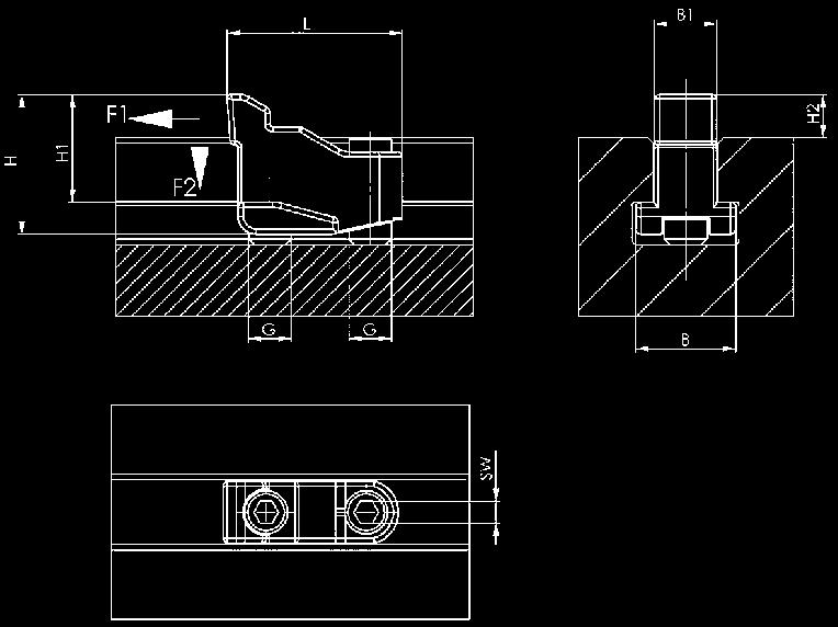 Inserire il dispositivo di bloccaggio a scanalature nella cava a T della tavola della macchina. 2. Posizionarlo sul pezzo. 3. Serrare la vite di fissaggio per la tavola della macchina. 4.