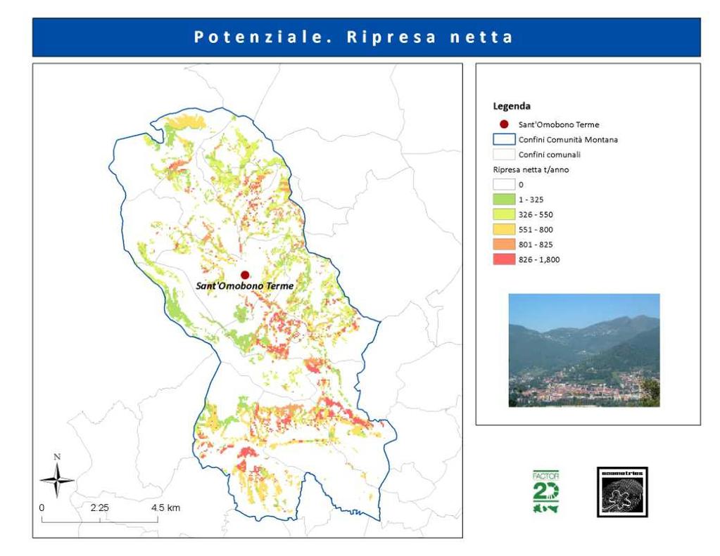 75 Figura 8.5. Distribuzione territoriale, a livello del territorio della Comunità Montana di Valle Imagna, del potenziale di biomassa stimato tramite la proxy della ripresa complessiva.