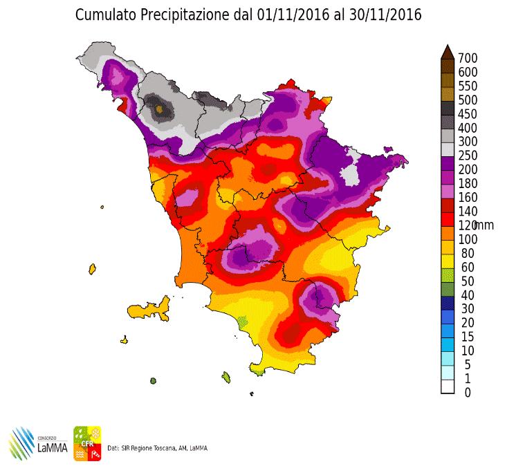 NOVEMBRE 2016 Figura 3. Mappa di precipitazione cumulata in mm per il mese di Novembre 2016 Figura 4.