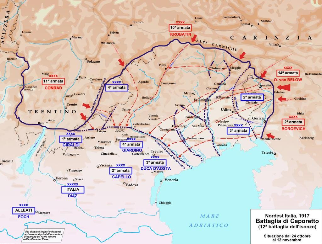 Il 24 ottobre 1917, gli Austro-Tedeschi, forti dei rinforzi proveniente dal fronte orientale dissolto dalla rivoluzione russa, attaccarono le linee italiane e riuscirono a sfondare il fronte, nella