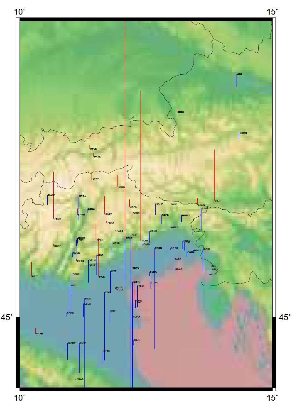 Fig.6 Mappa delle velocità verticali delle stazioni permanenti di Rete GPS Veneto Creazione di un pacchetto di procedure batch (crz2rnx_3264.