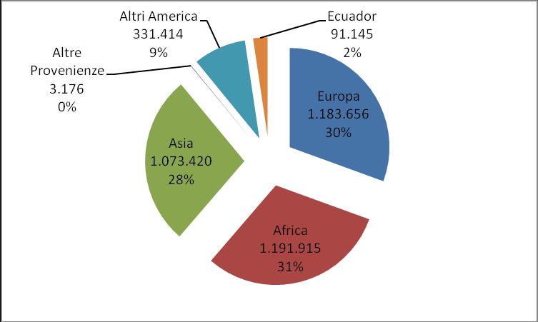 La comunità Ecuadoriana in Italia: presenza e caratteristiche 25 Grafico 1.1.2 Distribuzione per area di provenienza di cittadini non comunitari regolarmente presenti (v.a. e v.%).