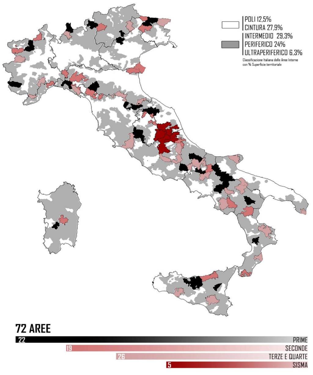 Le Aree Interne italiane rappresentano - il 52% dei comuni, - il 22% della popolazione - circa il 60% della superficie territoriale del Paese Le 72 aree selezionate comprendono