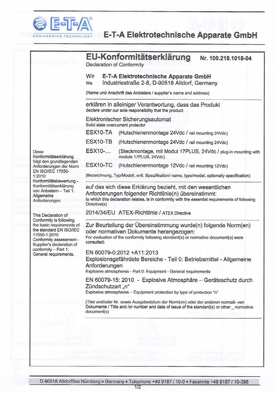 Protettore Elettronico di Circuito ESX0-T.-DC 2 V/ Installazione linee guida e istruzioni per la sicurezza Approvazioni ESX0-TA/-TB und -TD Autorità Norma File-Certificato Nr.