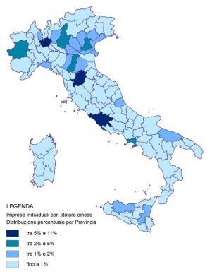 50 2017 - Rapporto Comunità Cinese in Italia Mappa 4.4.1 Distribuzione provinciale dei titolari di imprese individuali appartenenti alla comunità di riferimento ed al totale dei Paesi non comunitari (v.