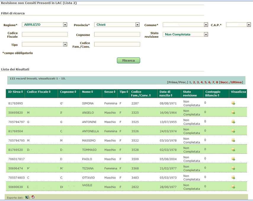 I campi visualizzati nella schermata sono l ID Sirea, il Codice Fiscale, il Cognome, il Nome, il Sesso, il Ttipo di residenza, il Ccodice famiglia/convivenza, la Data di nascita, lo Stato di