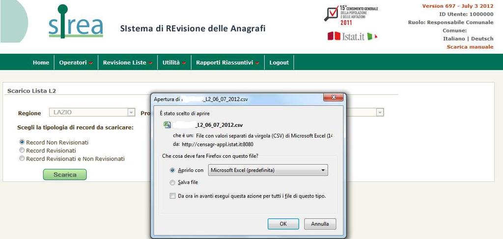 Una volta selezionata l opzione desiderata, ad esempio: Record non revisionati, seguendo la procedura guidata è possibile aprire e salvare il file in formato csv.