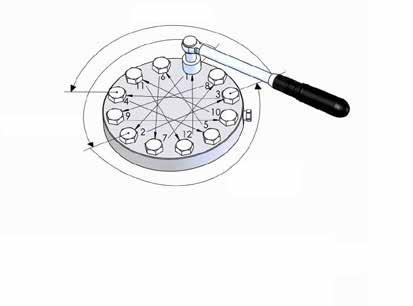 5 oppia di serraggio: 30 Nm Serraggio delle viti M 16 L 8-8 - Flangia 12 fori BY-P14 Fase 2 oppia di serraggio : 25 Nm Fase 3 oppia di serraggio : 50 Nm Fase 4 oppia di serraggio : 100 Nm Serraggio