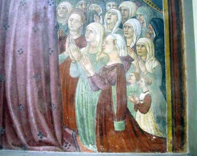 Fig. 10 GIOVANNI ANTONIO BELLINZONI, Donne oranti: particolare dalla Madonna della Misericordia (1470