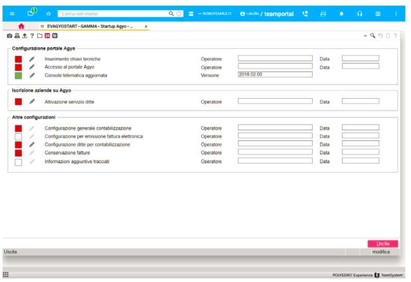 d) Configurazione gestionale comando STARTUPAGYO inserimento chiavi tecniche Accedi al gestionale e al comando STARTUPAGYO che permette di configurare le regole di creazione, invio e ricezione della