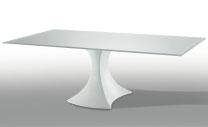 Dining table with white matt lacquered base and top in extra-clear white painted