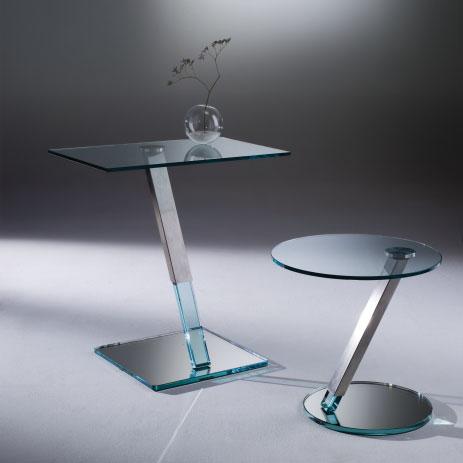 up down tavolino terminale con piano in cristallo sp. 10mm, base a specchio sp. 15mm, supporto in vetro sp.