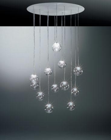 glass frame and 12 suspended clear glass balls with 10W or 20W bulb inside.