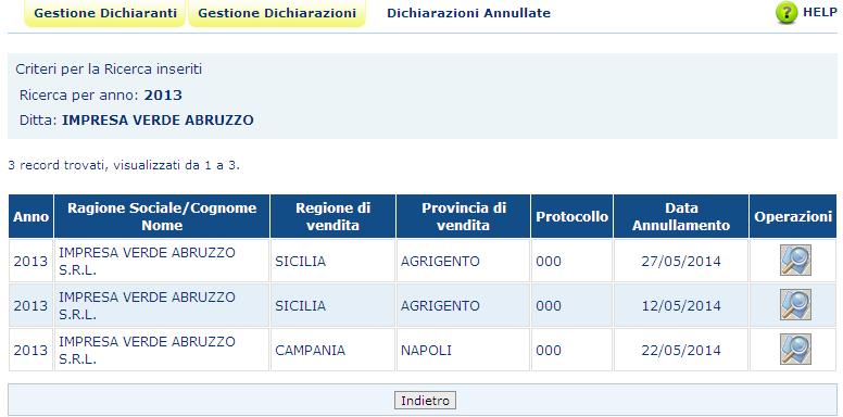 Dopo aver impostato i parametri di ricerca ed attivato il pulsante Cerca viene visualizzato l elenco delle dichiarazioni annullate.