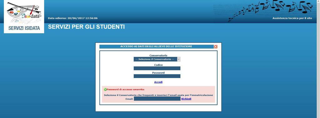 SELEZIONARE CONSERVATORIO DI POTENZA E INSERIRE CODICE E PASSWORD In caso di