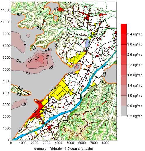 più vasta. La concentrazione massima al suolo è stata di 1,7 µg/mc a circa 500 metri in direzione Nord.