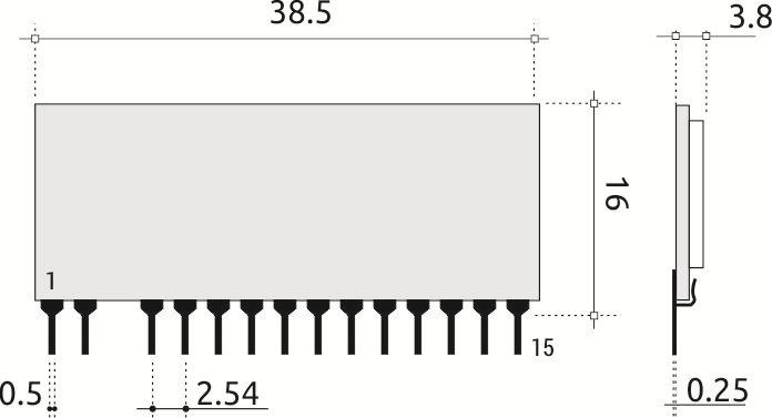 -- Descrizione dei Pin Figura 1: Pin-out e disegno meccanico PIN-OUT 1) ANTENNA 2) GND 3) Non presente 4) GND 5) +VDD 6) OUT 1 7) OUT 2 8) OUT 3 9) OUT 4 10) SET 1 11) SET 2 12) BATT LOW 13) GND 14)