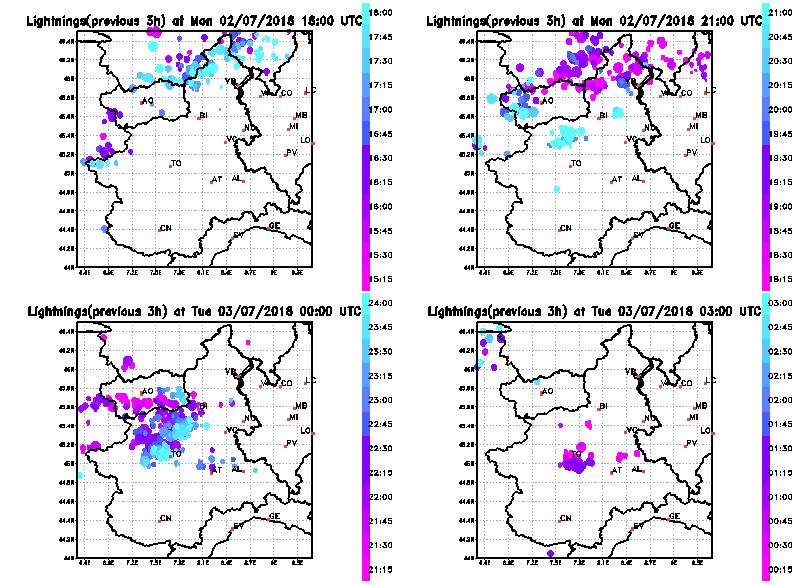 Figura 8 - Fulminazioni in tre ore registrate tra le ore 18 UTC del 2 luglio e 03 UTC del 3 luglio,