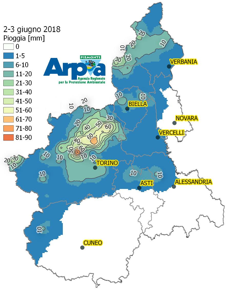 Utilizzando l informazione della precipitazione registrata dalla rete meteoidrografica gestita da Arpa Piemonte, è stato ricostruito il campo di precipitazione interpolato su tutto il Piemonte per la