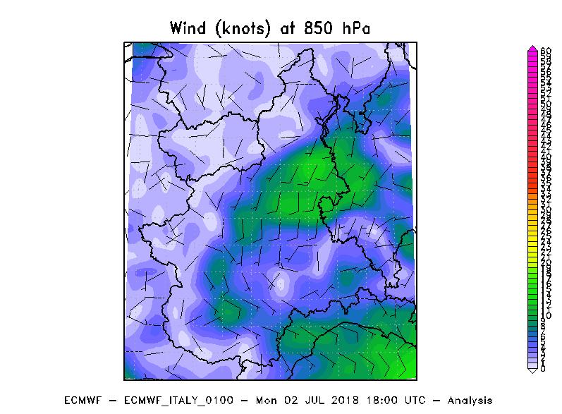 Figura 5 - Vento a 850 hpa (nodi) alle ore 18 UTC del 2 luglio 2018. Elaborazione ARPA Piemonte su dati ECMWF.
