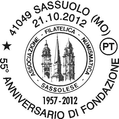 1017 RICHIEDENTE: Associazione Filatelica Numismatica Sassolese SEDE DEL SERVIZIO: Piazza G. Garibaldi, 76 41049 Sassuolo (MO) DATA: 21/10/2012 ORARIO: 9.30-16.