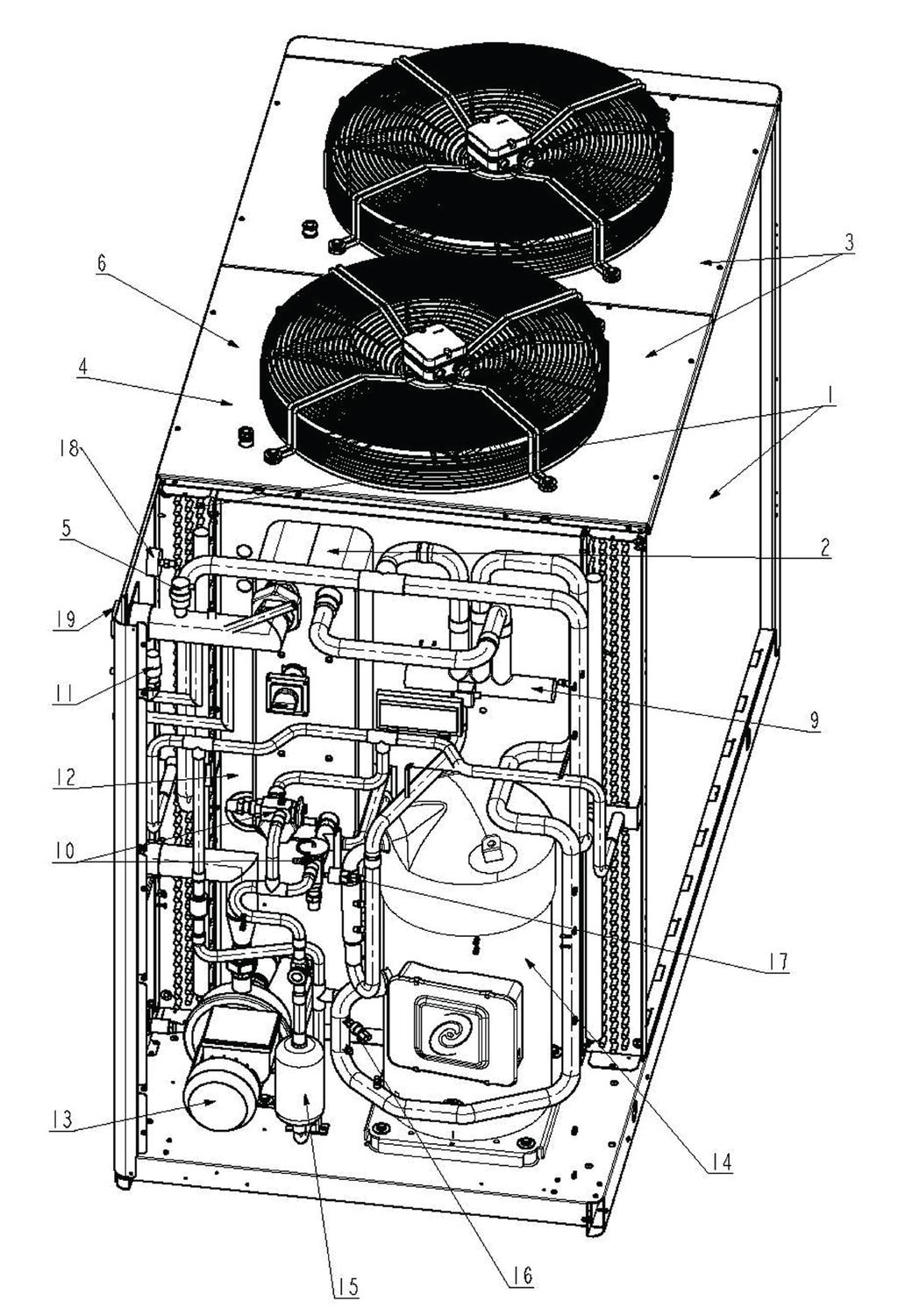 3 DISPOSIZIONE COMPONENTI RPE - HPE 54-66 DESCRIZIONE 1. Scambiatore R410A-aria 2. Scambiatore R410A-acqua 3. Ventilatori 4. Pressostato differenziale acqua (vano ventilatori) 5.