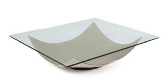 Tavolino con base in cristallo curvato di spessore 10 mm trasparente, sabbiato naturale, verniciato o acidato verniciato nei