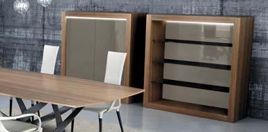 Sliding opening with 2 coplanar doors. Handle detail in solid Canaletto walnut or wenge finish, with lighting. Base in transparent glass 15 mm th. Also available with 3 folding doors (LUNA CREDENZA).